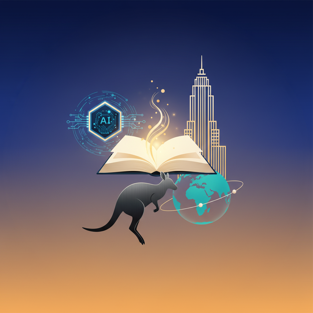 A visually rich infographic or illustrative collage showing diverse elements: a book with glowing pages, a stylized AI chip, a classic skyscraper outline, a silhouette of a wallaby, and a globe with highlighted regions. The background is a gradient of deep blue and warm orange, full frame, bright and balanced lighting. No visible text, no Korean characters.