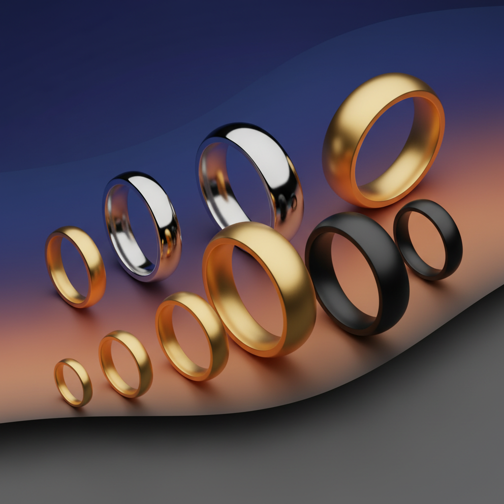 A collection of sleek Index 01 smart rings in polished silver, polished gold, and matte black, displayed artfully against a rich, gradient background. The rings are arranged to highlight their various sizes, elegant and modern, no text