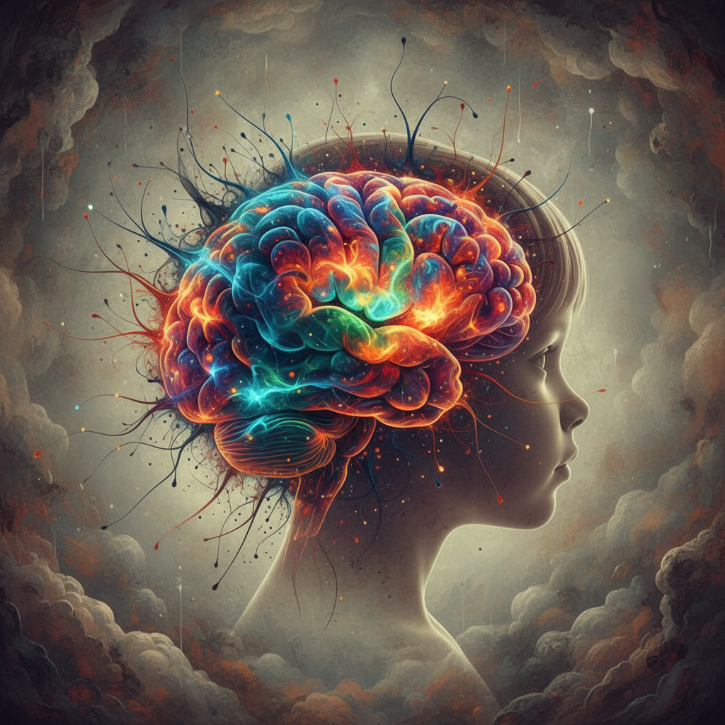 An abstract artistic rendering depicting a developing brain with dynamic, colorful neural activity, juxtaposed with the subtle silhouette of a child's head, conveying growth and influence, textured background, no visible text, 1:1 aspect ratio