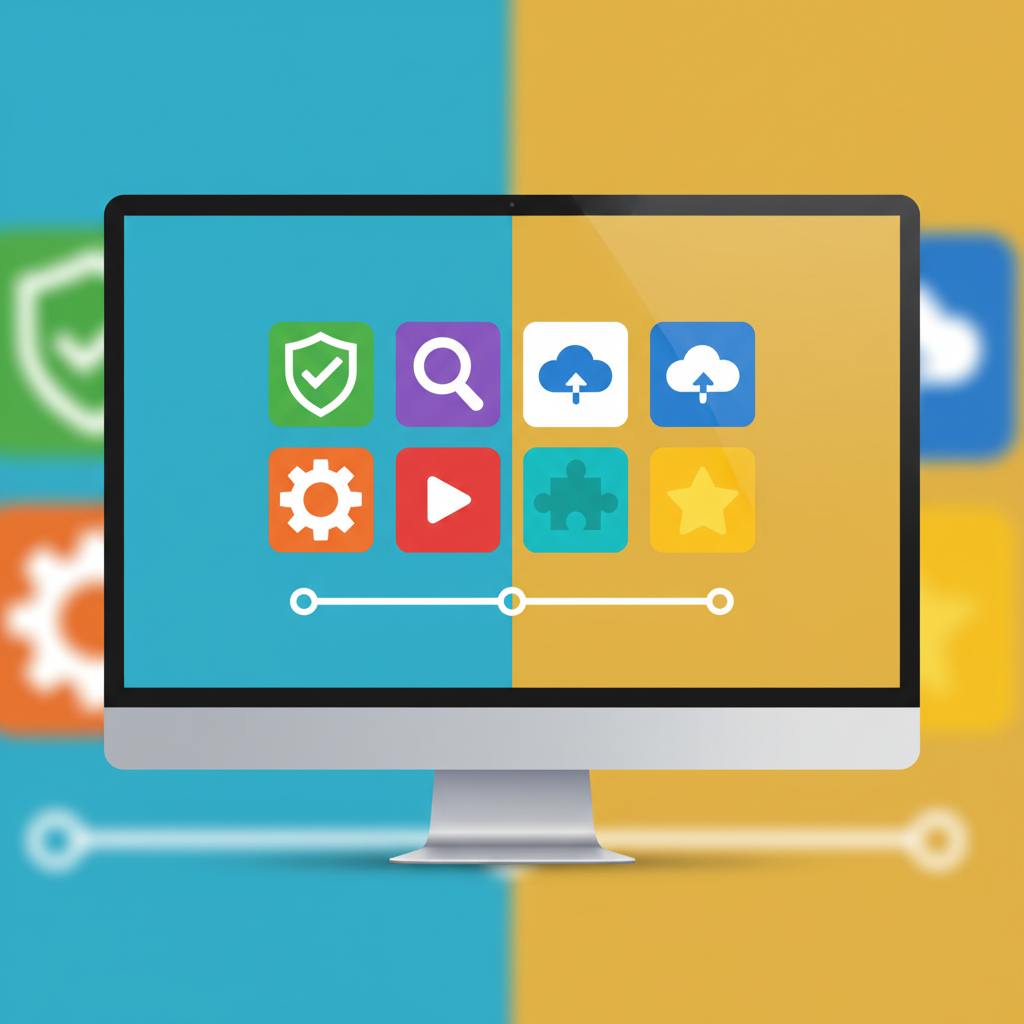 A clean computer screen displaying various Chrome extension icons arranged neatly, reflecting a modern and organized digital workspace, high contrast, clean infographic style, colored background, no text