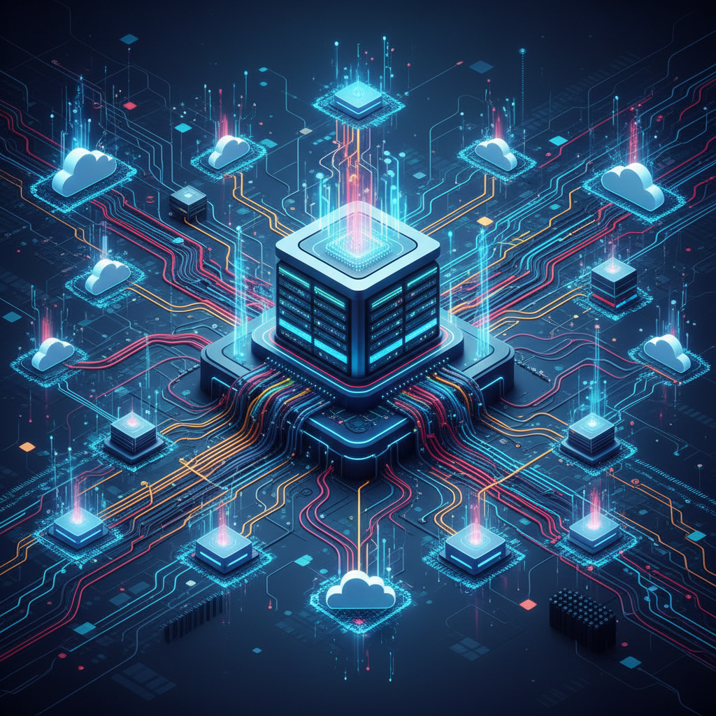 An illustration showing a complex network of cloud computing services and a data center with servers, cables, and glowing data streams. Emphasize connectivity and scale. Modern layout, high contrast, bright balanced lighting, textured background, no visible text.