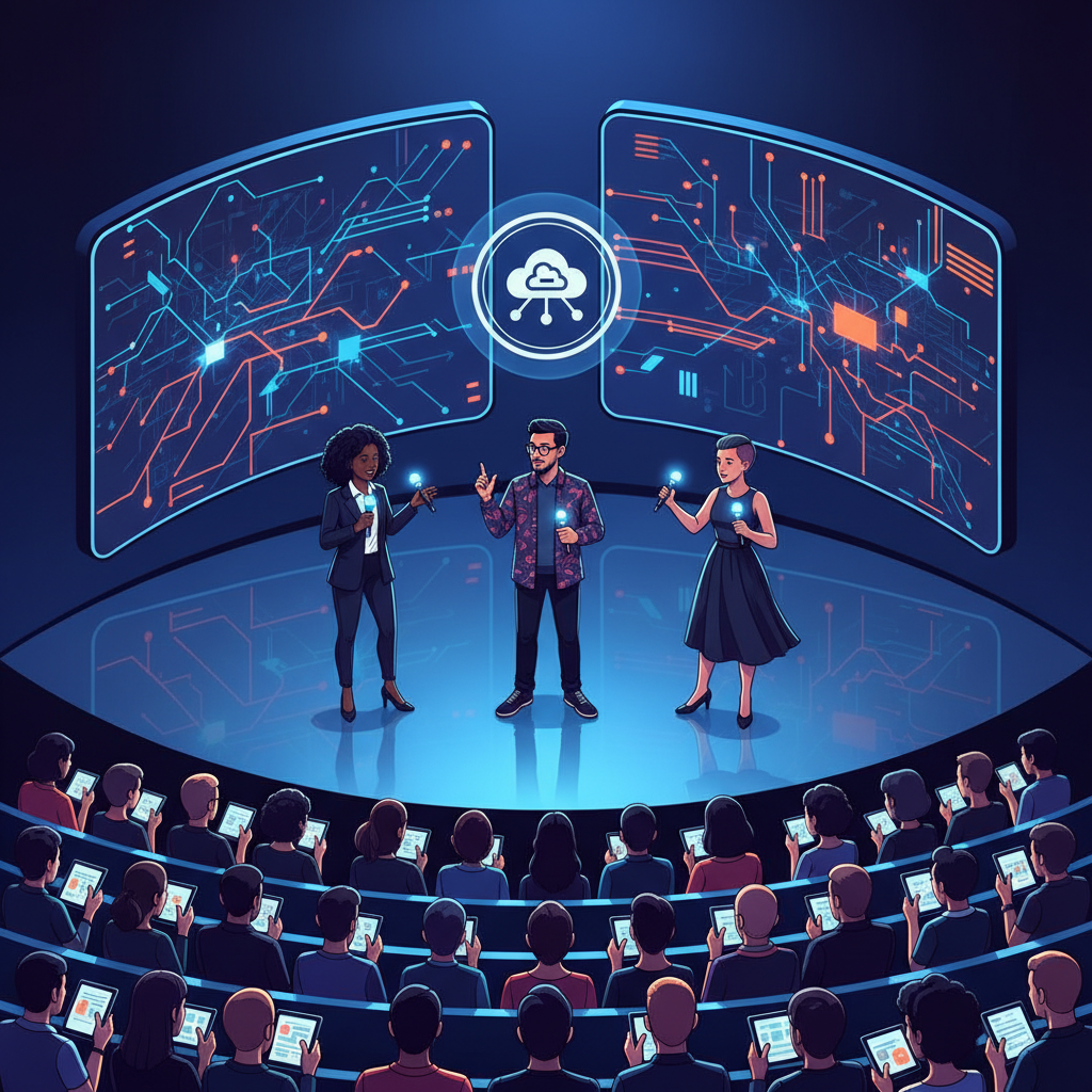 Multiple diverse speakers presenting on stage, with large screens displaying AWS re:Invent 2025 branding and dynamic AI visuals. Audience members are engaged and taking notes. Style: clean infographic, modern layout, high contrast. No visible text in image. Colored background.