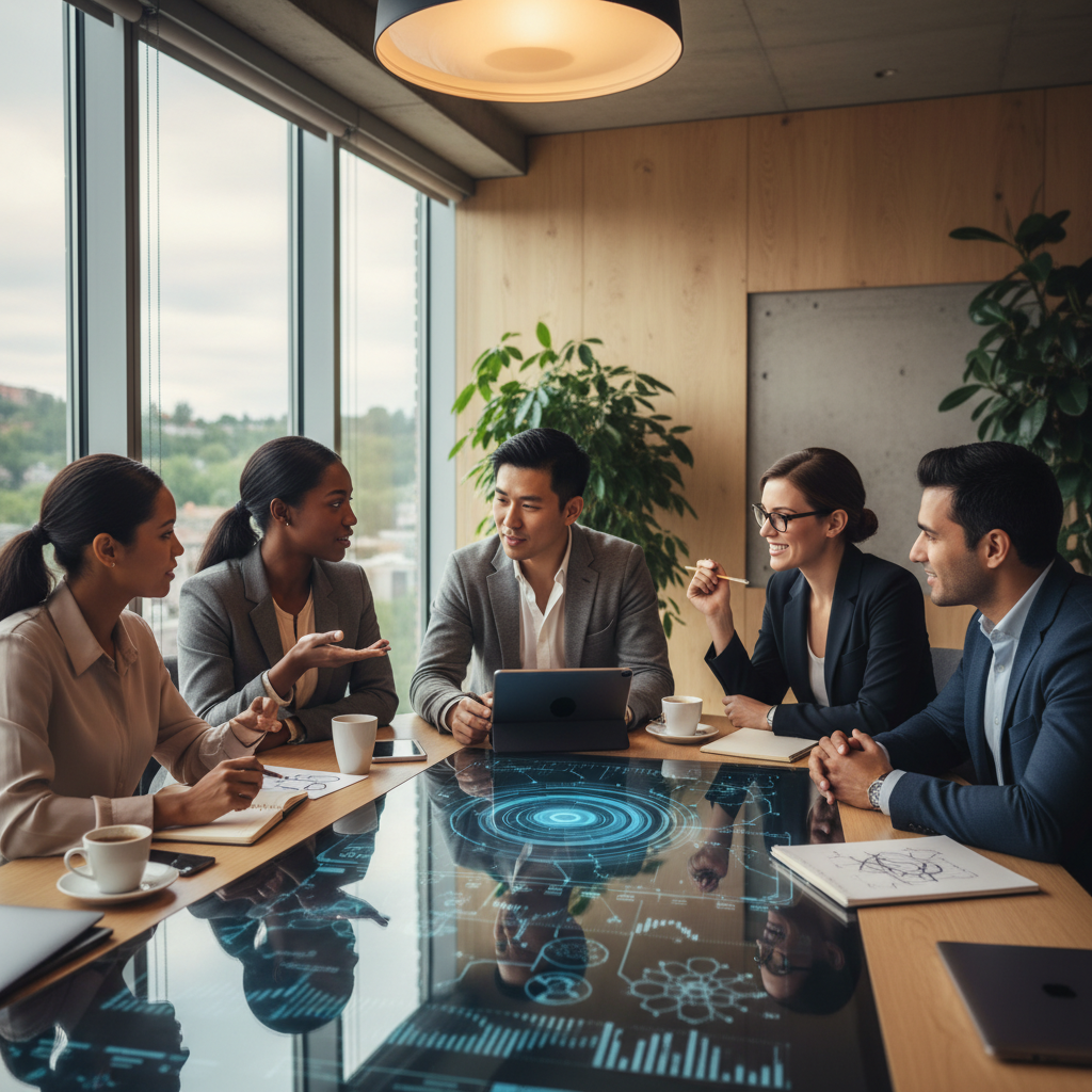 Lifestyle photography of diverse venture capitalists and tech executives in a modern, well-lit meeting room, discussing investment strategies for a cutting-edge AI startup. Focus on collaboration and innovation. Warm lighting, natural setting, textured background. No visible text in image.