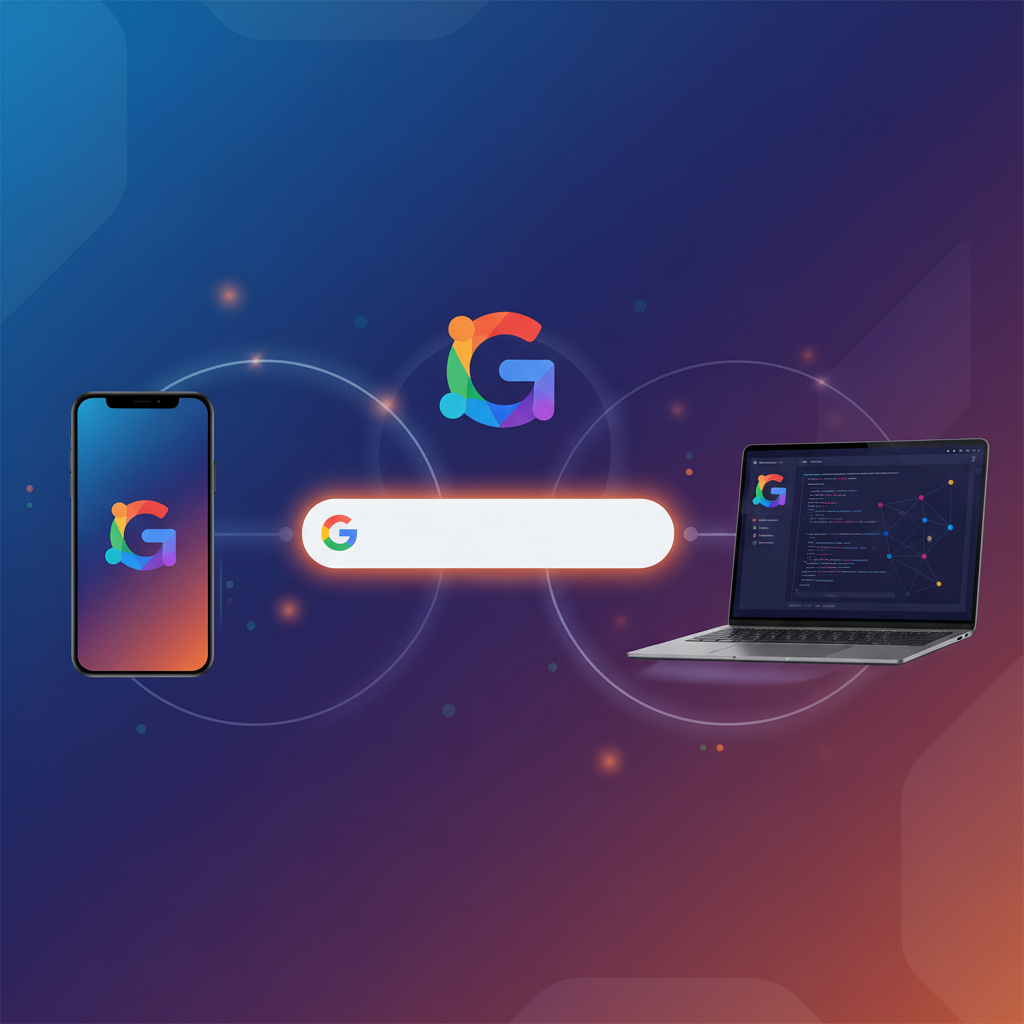 A representation of Gemini AI integrated across multiple platforms: a smartphone for the app, a search bar for Google Search, and a laptop for developer tools, clean infographic, modern layout, high contrast, colored background, no text, 4:3 aspect ratio