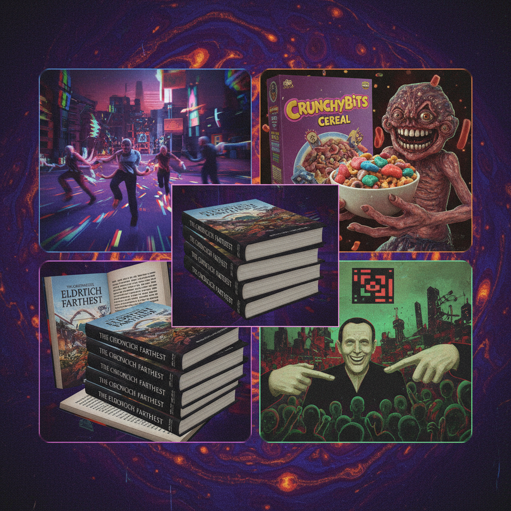 A visual montage showing various examples of 'AI slop' in digital media: low-quality AI-generated videos, odd advertising images, AI-written books, and propaganda, artistic rendering, colored background, no text, aspect_ratio: 4:3