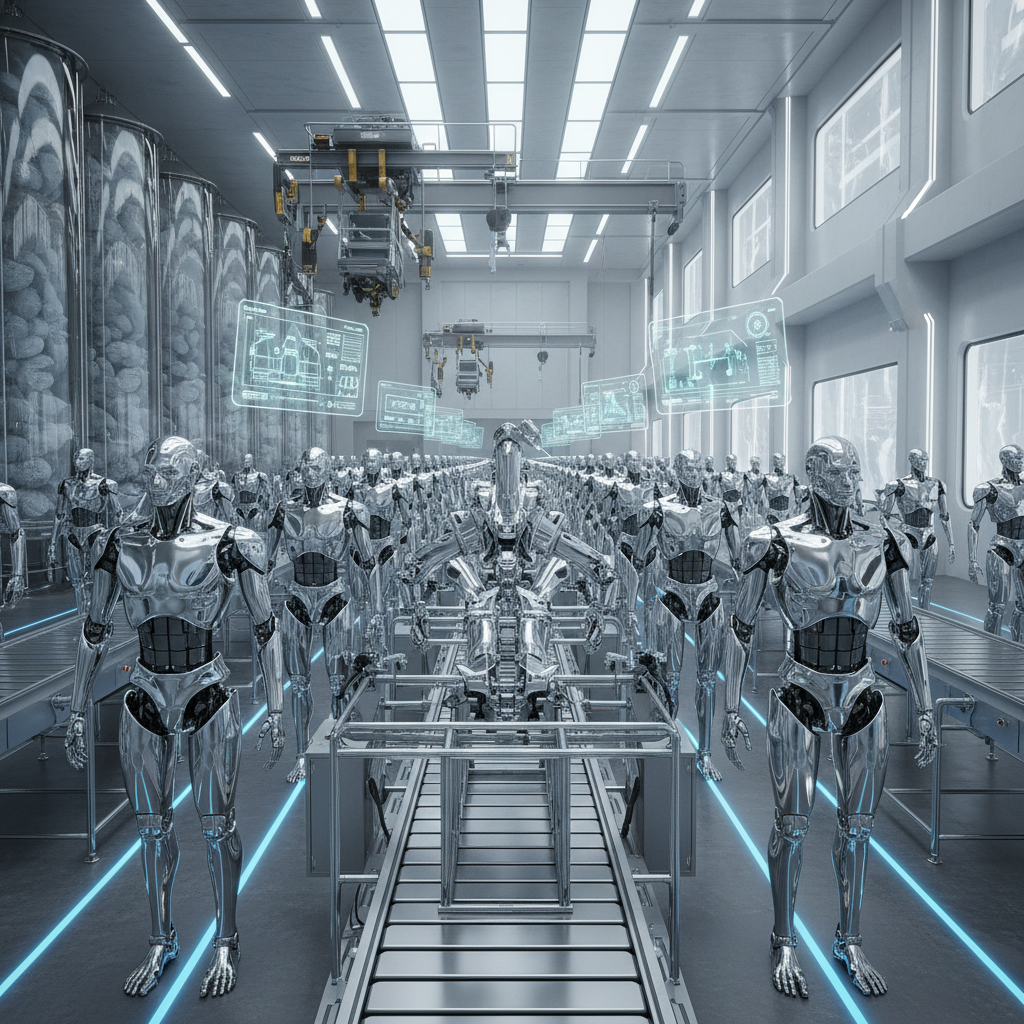 A futuristic factory floor with multiple humanoid robots being assembled on an automated conveyor belt, showcasing the scale of production and declining hardware costs. Bright, balanced lighting, industrial but clean background, no text, 4:3 aspect ratio.