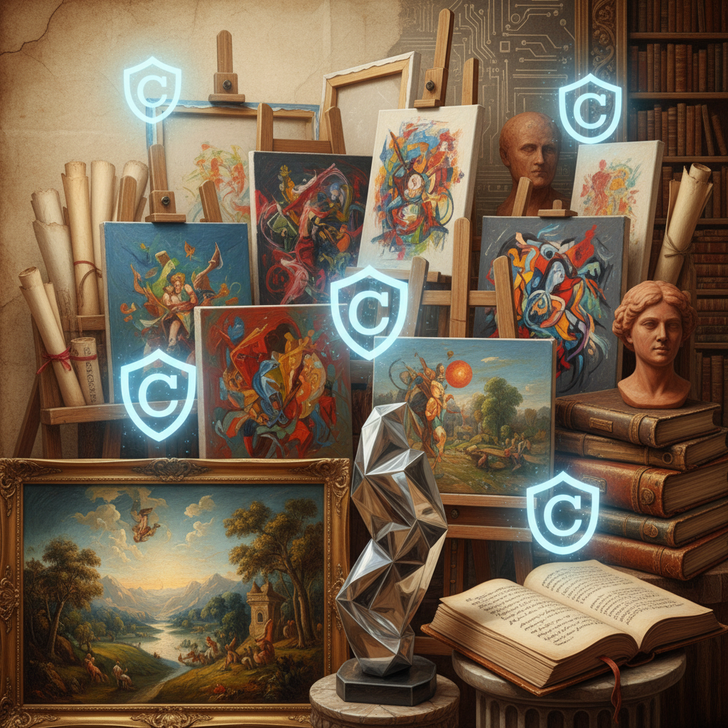 A visually rich illustration showcasing a collection of diverse artistic creations—paintings, sculptures, literary works—with subtle digital watermarks and copyright symbols integrated and glowing faintly above them, symbolizing protection in the digital age. Detailed composition, textured background, bright and balanced lighting, no text. Aspect Ratio: 4:3