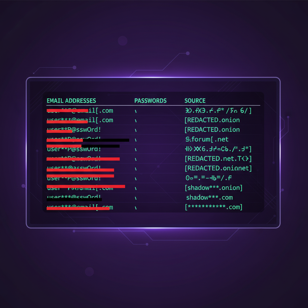 A partially redacted list of user data (like email addresses, passwords) retrieved from shadowy forums and sites, presented as a digital screen, with a mysterious and dark web aesthetic, clean infographic style, modern layout, high contrast, colored background, no text, 4:3 aspect ratio.