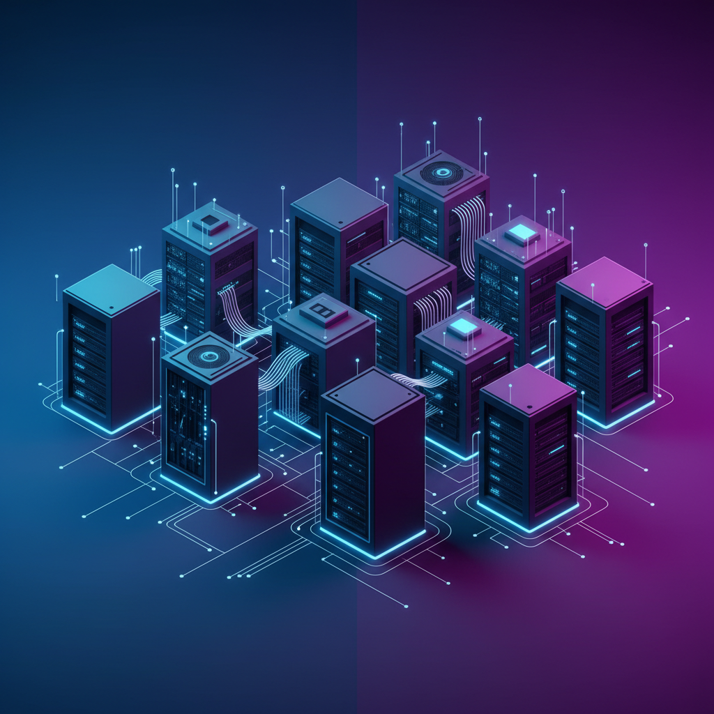복잡한 서버 랙과 파란색 조명, 미래지향적이고 비용이 많이 드는 느낌, clean infographic style, modern layout, high contrast, colored background, no text