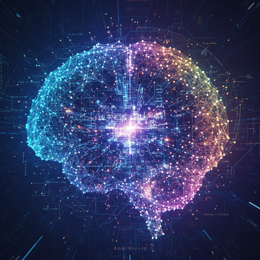 An abstract representation of a powerful AI model, possibly a complex neural network structure with glowing data points, emphasizing its intelligence in coding. The image should convey advanced technology and deep learning, with a modern layout, vibrant colors, and a textured background. No visible text.