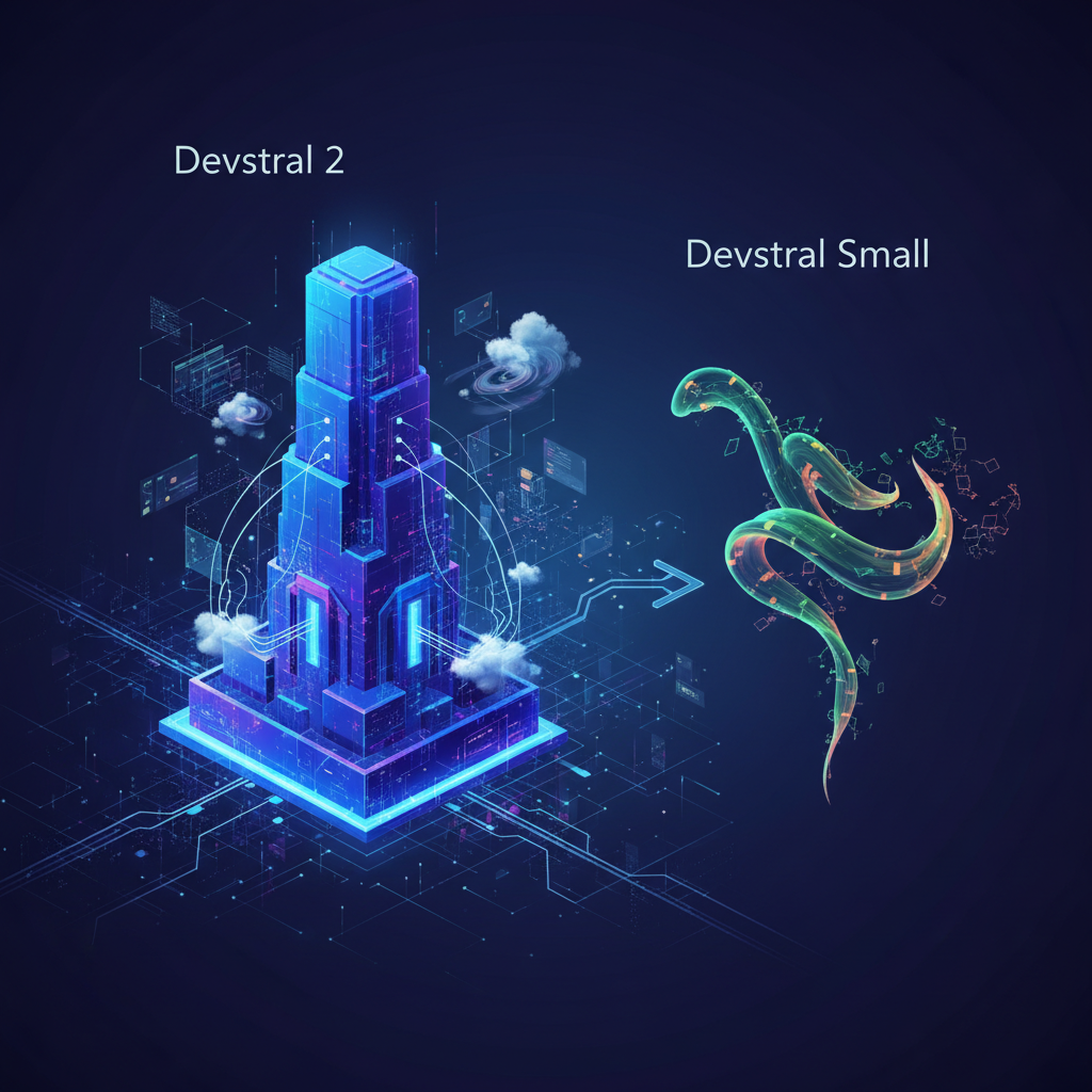 A conceptual image showing two different sizes of AI models or computing power, one large and powerful, the other smaller and agile, representing Devstral 2 and Devstral Small. The image should use contrasting elements but maintain a cohesive futuristic theme, with a modern layout and colored background. No visible text.