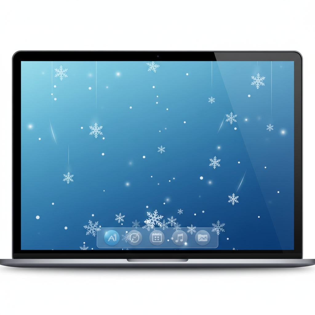 A modern MacBook desktop screen with a whimsical snow effect. Delicate, glowing snowflakes are gently falling across the screen, some drifting towards the dock, creating a serene winter atmosphere. The background of the desktop is a soft, gradient blue. Style: clean infographic, modern layout, high contrast. No visible text.