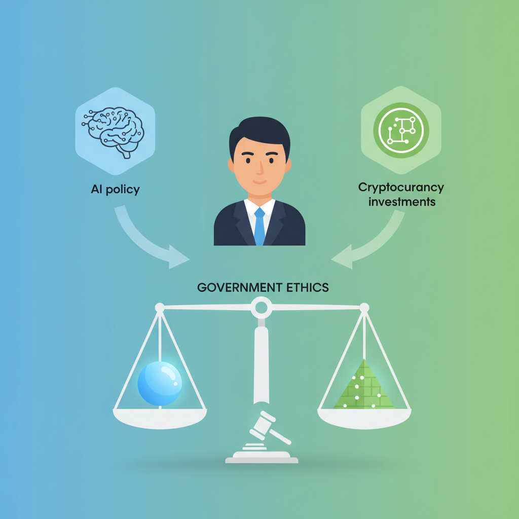 A modern, clean infographic showing a person (Korean appearance) representing David Sacks, with intersecting arrows connecting 'AI policy' and 'Cryptocurrency investments' with a 'government ethics' scale balancing them. The background is a subtle gradient of tech blue and green, full frame, bright, balanced lighting. No text within the image.