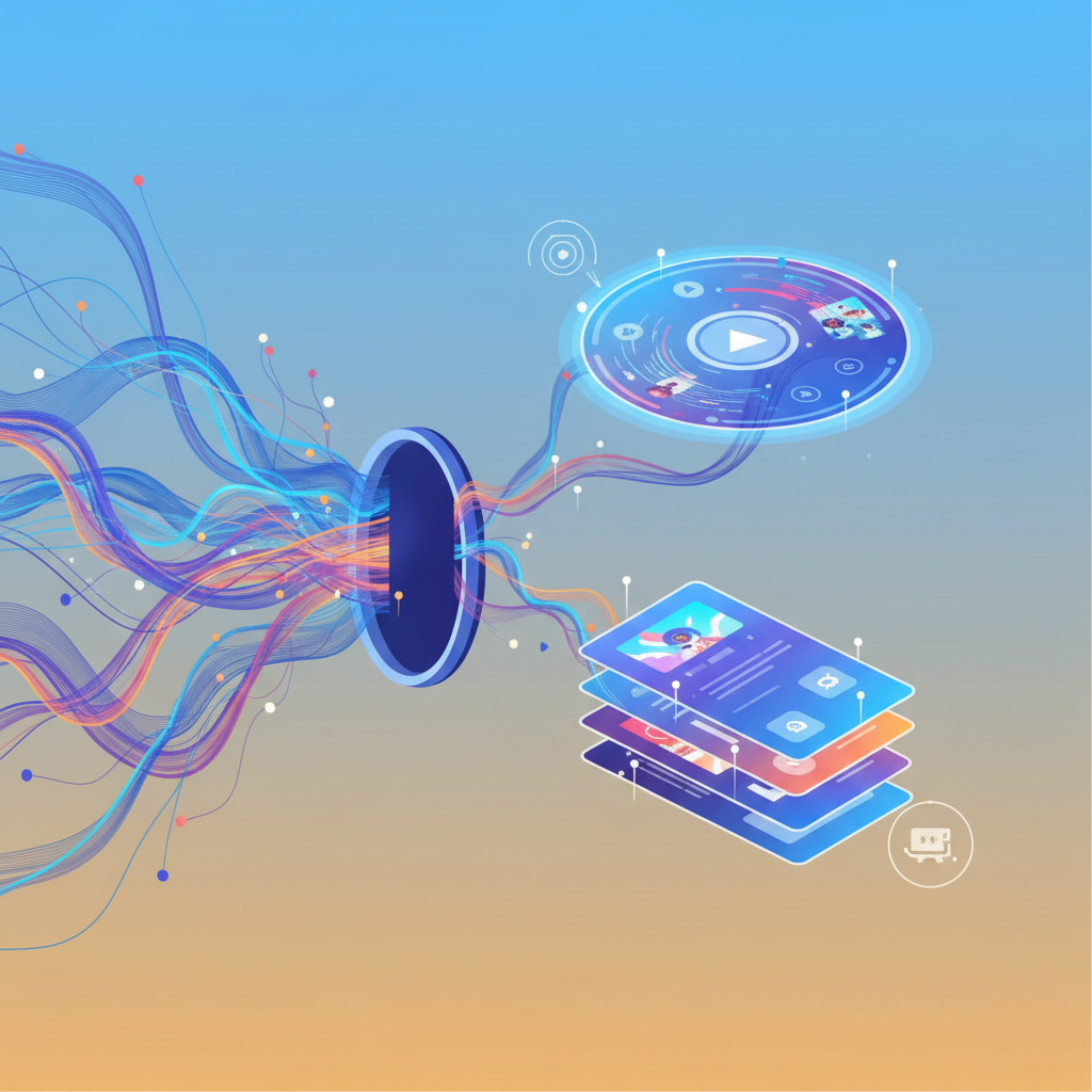 Clean infographic, modern layout, high contrast. Dynamic visuals of data streams transforming into personalized user experiences, similar to music playlists or summary reports. Bright, balanced lighting, gradient background. No visible text.