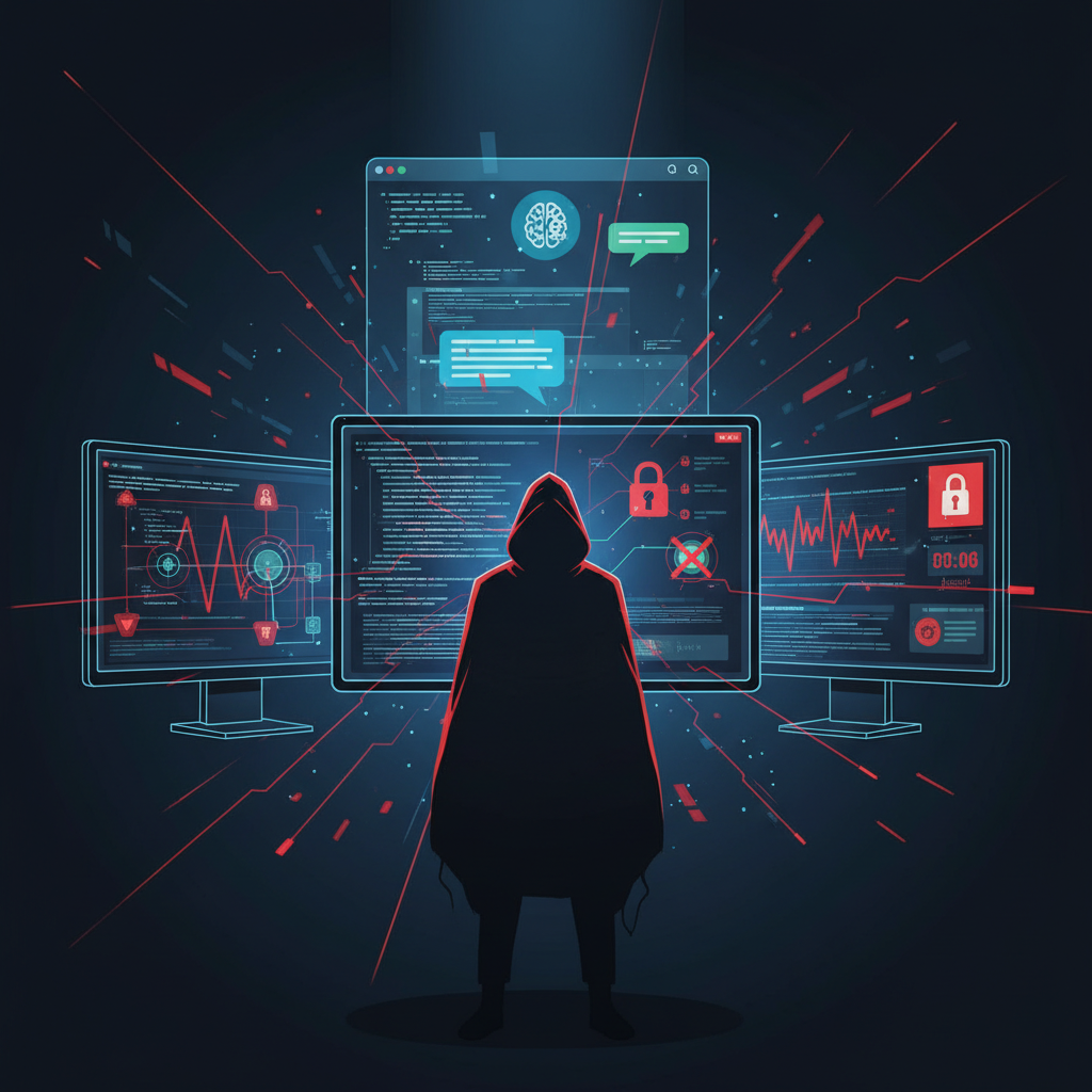 A digital illustration showing a shadowy figure in front of multiple computer screens displaying data, with an AI chatbot interface subtly in the background. The mood is tense and urgent, with elements of data security threats. Style: clean infographic, modern layout, high contrast. No text.