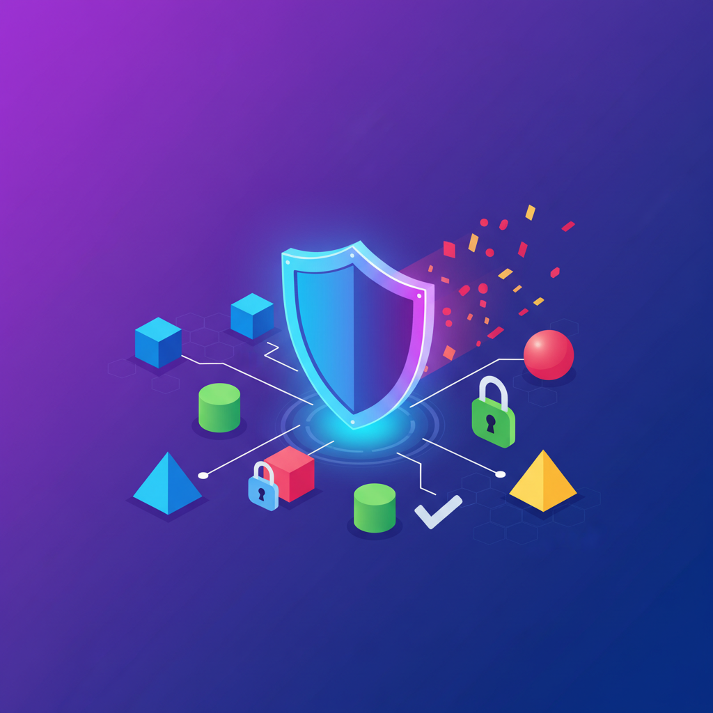 A digital shield icon protecting various data elements, clean infographic, modern layout, high contrast, colored background, no text