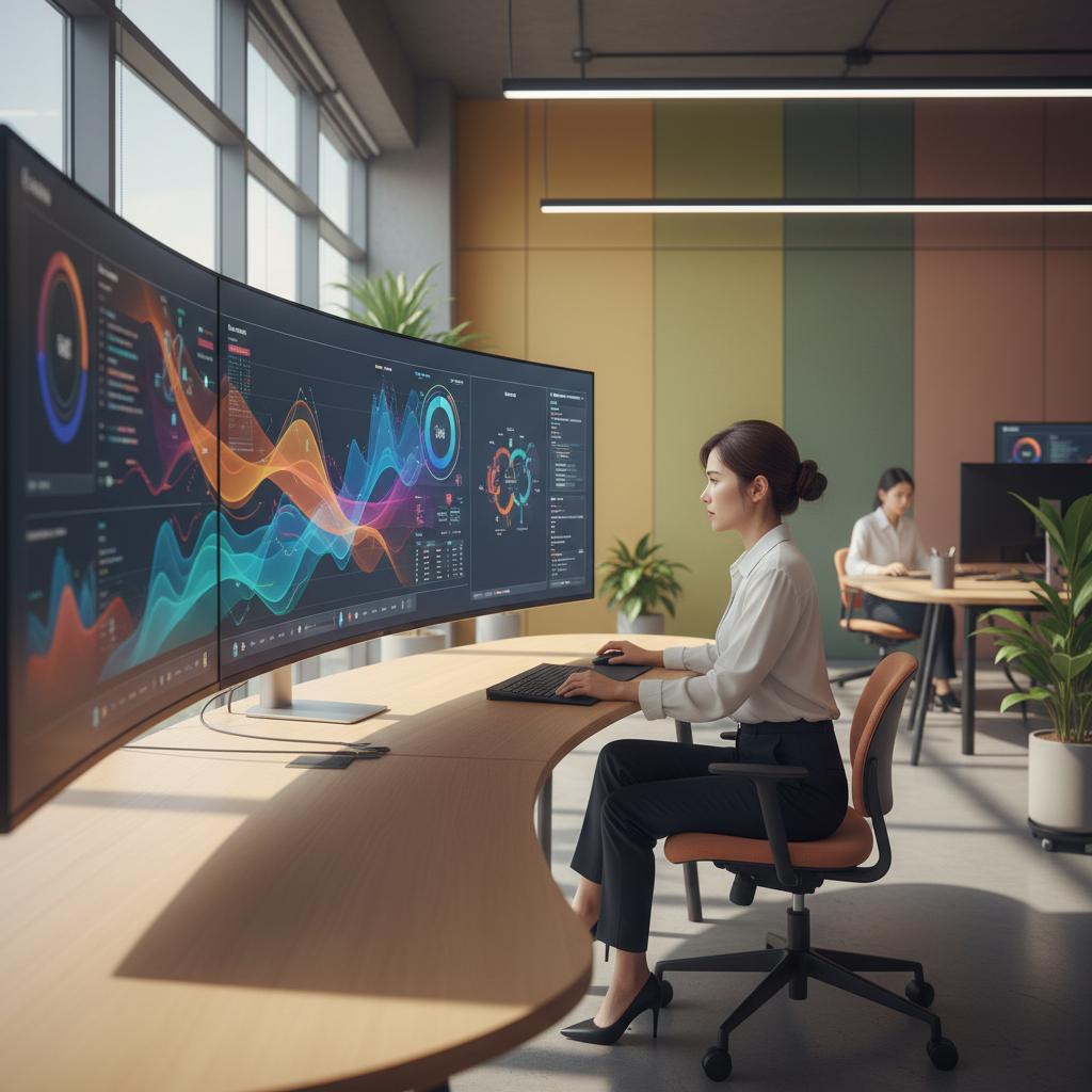 A modern office setting where a Korean marketing professional is reviewing data visualizations on a large screen, focused expression, comfortable and productive atmosphere, natural lighting, colored background, no text