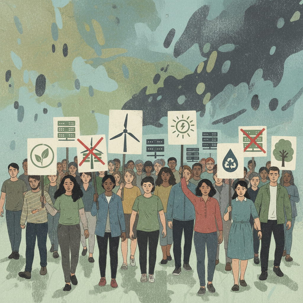 Illustration of a diverse group of people holding signs with environmental symbols, protesting against data centers, artistic rendering, textured background, no text