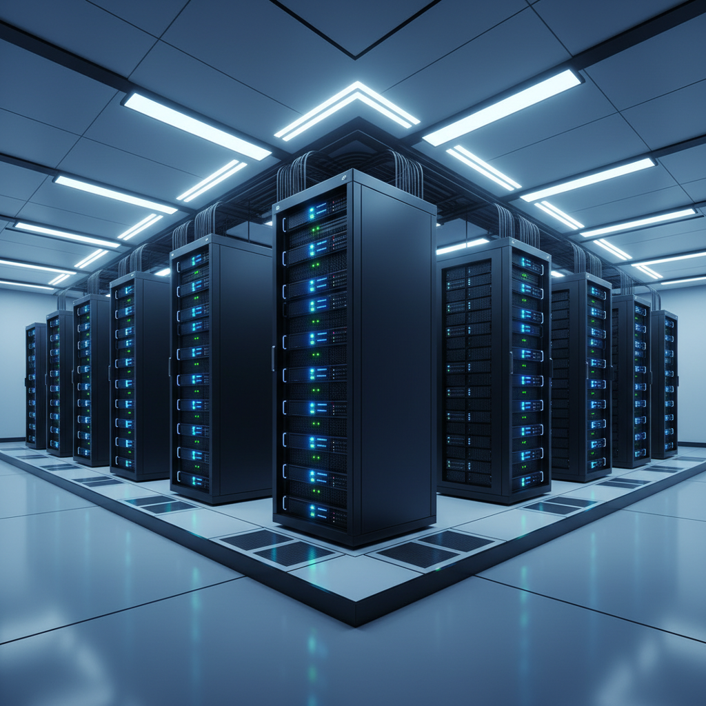 Clean infographic showing the interior of a large data center with rows of GPU server racks, bathed in cool, efficient lighting. Style: modern, high-contrast, clean lines. No visible text, gradient background.