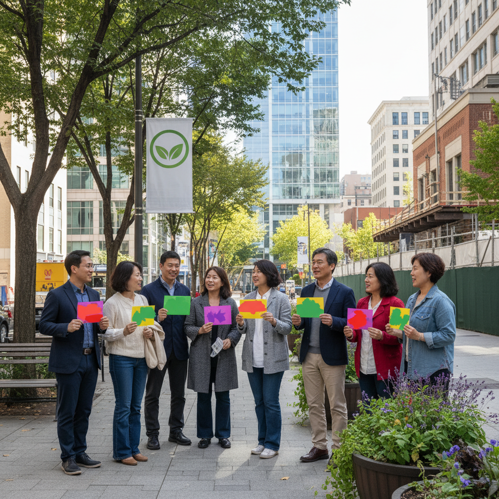 lifestyle photography, a group of diverse people protesting peacefully against new data center construction, holding signs, natural expressions, urban background with green elements, bright balanced lighting, no visible text, Korean appearance, 4:3 aspect ratio