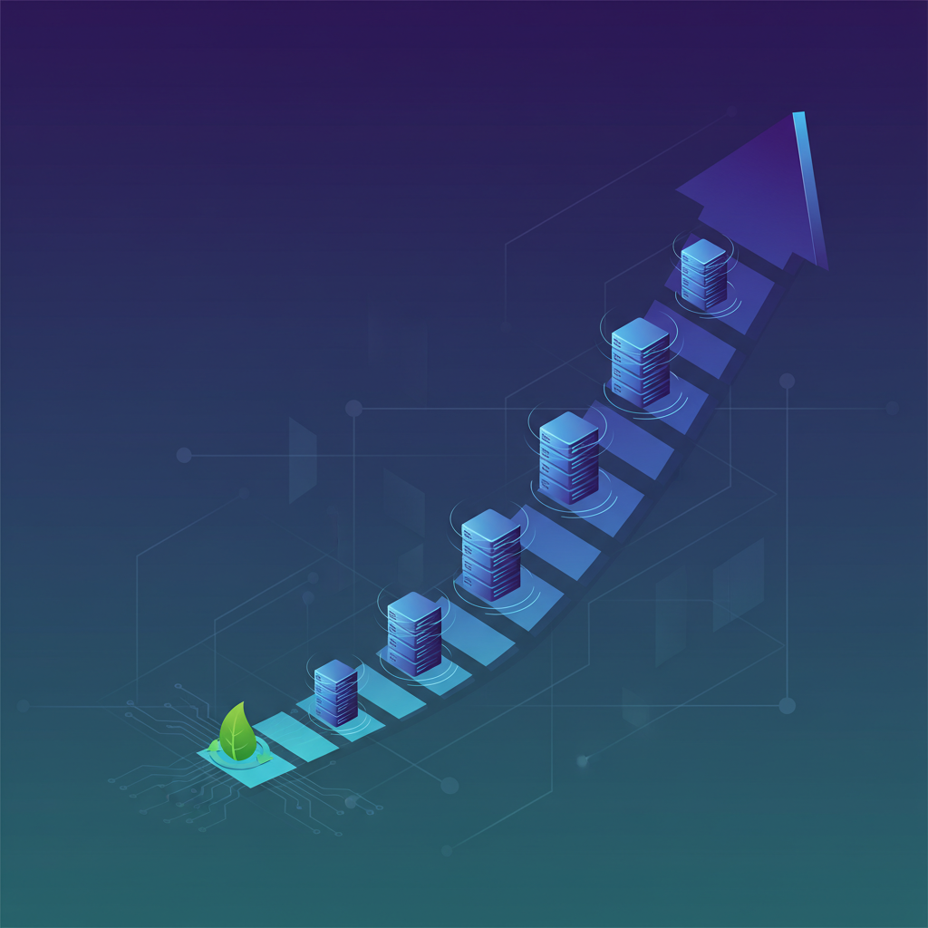Clean infographic showing increasing power consumption of data centers, with a subtle environmental protection message, modern layout, high contrast, colored background, no text, 4:3 aspect ratio