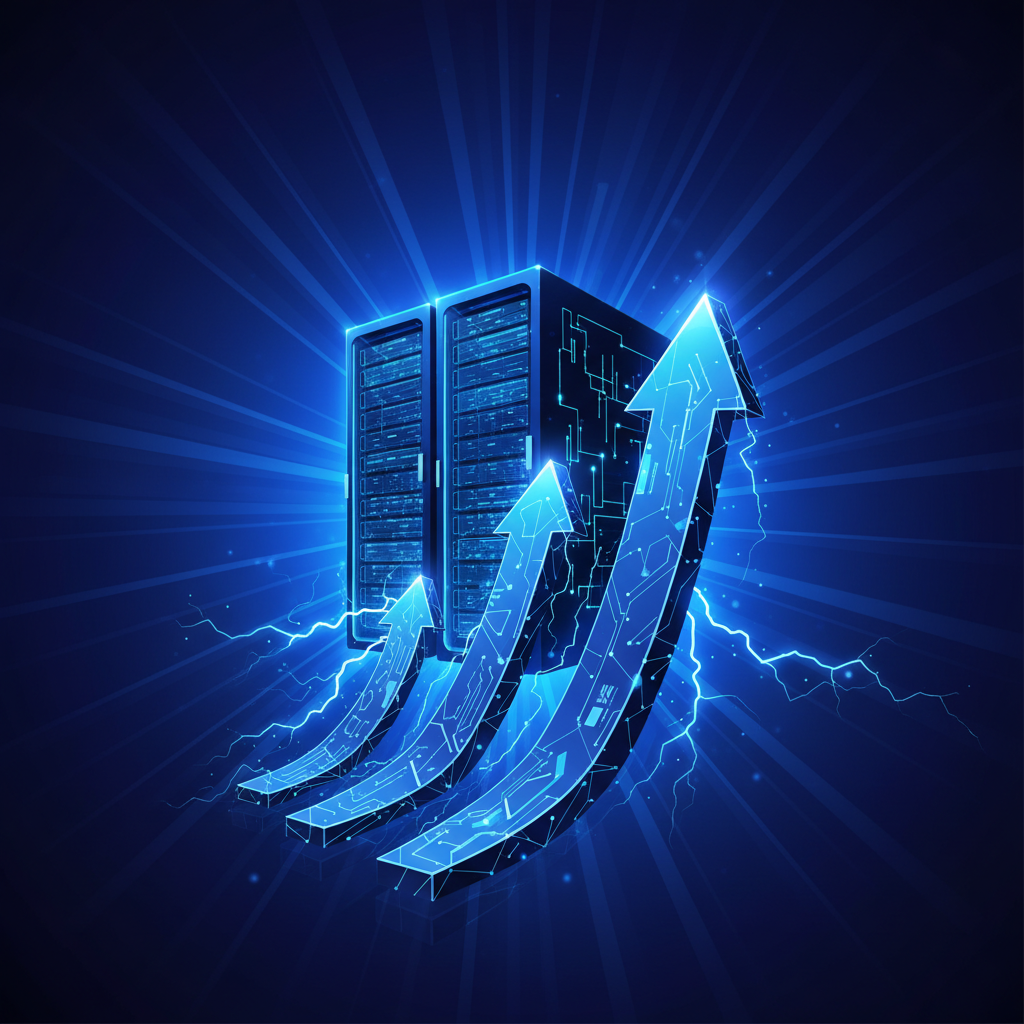 An infographic showing rising electricity usage with a data center in the background, modern layout, high contrast, gradient background, no text, no graph or chart