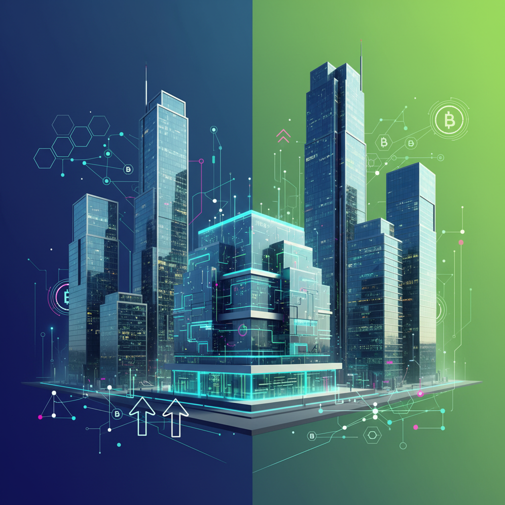 Modern building symbolizing a data center, with surrounding skyscrapers, clean infographic, modern layout, high contrast, colored background, no text, 4:3 aspect ratio