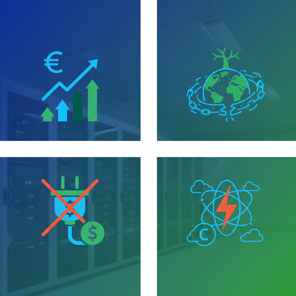 Clean infographic showing symbols of rising electricity costs and environmental impact, with a subtle background image of a data center, modern layout, high contrast, colored background, no text