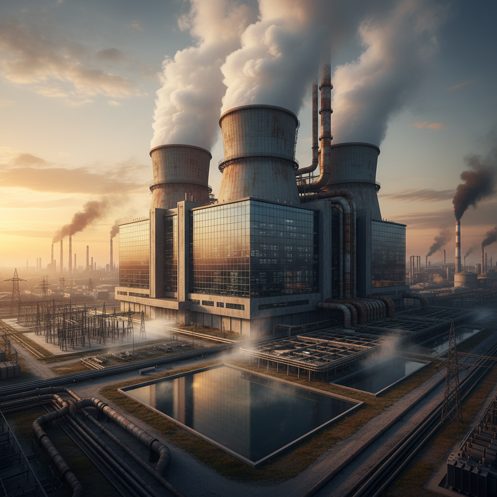 Realistic depiction of a massive data center building with exaggerated cooling towers emitting steam, symbolizing high energy and water consumption, industrial setting, rich textured background, no text