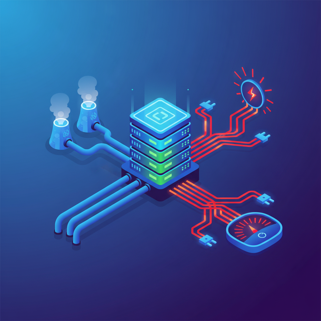 A clean infographic illustrating a modern data center with clear visual representations of water cooling systems and intertwined power lines, symbolizing its high resource consumption. Style: clean infographic, modern layout, high contrast. No visible text. Gradient background, full frame.
