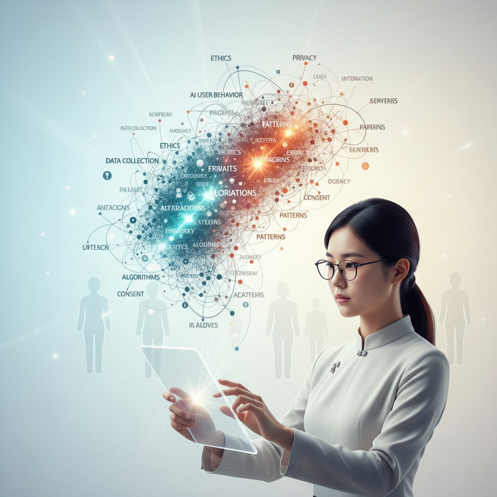 A clean infographic illustrating a researcher analyzing complex data interactions and patterns, represented as a word cloud or network. The focus is on AI user behavior analysis and ethical data collection. Style is modern with high contrast, and a light-filled gradient background. No text, centered focus, Korean appearance individual.