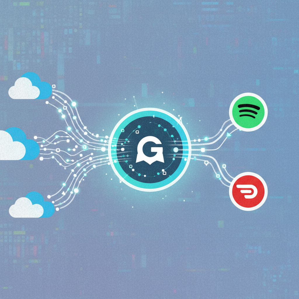 A stylized illustration depicting data flowing from various sources (like cloud icons) into a central ChatGPT interface, then branching out to different app icons (Spotify, DoorDash), clean infographic, textured background, no text