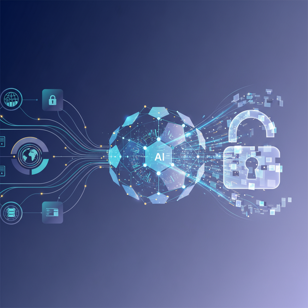 A dynamic infographic depicting the flow of data from various sources (public and private) into a central AI model, symbolizing the "unlocking" of datasets for AI training. Emphasize connectivity and transformation, with a modern layout on a gradient background. No text.