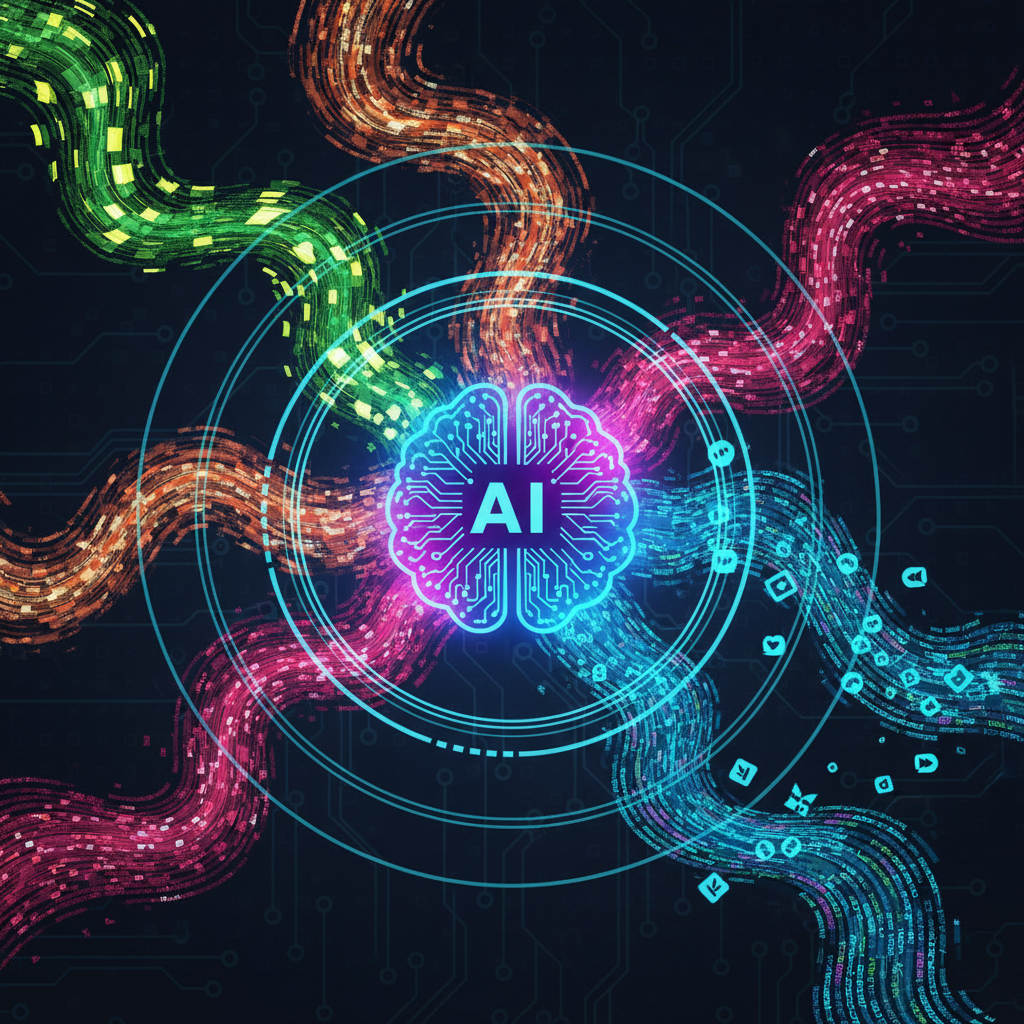 Dynamic infographic showing streams of various data types (represented by abstract patterns) flowing into a central, glowing AI model brain icon. The model is visibly growing and becoming more sophisticated. High contrast, modern layout, textured background. No visible text. Centered focus, visually rich.