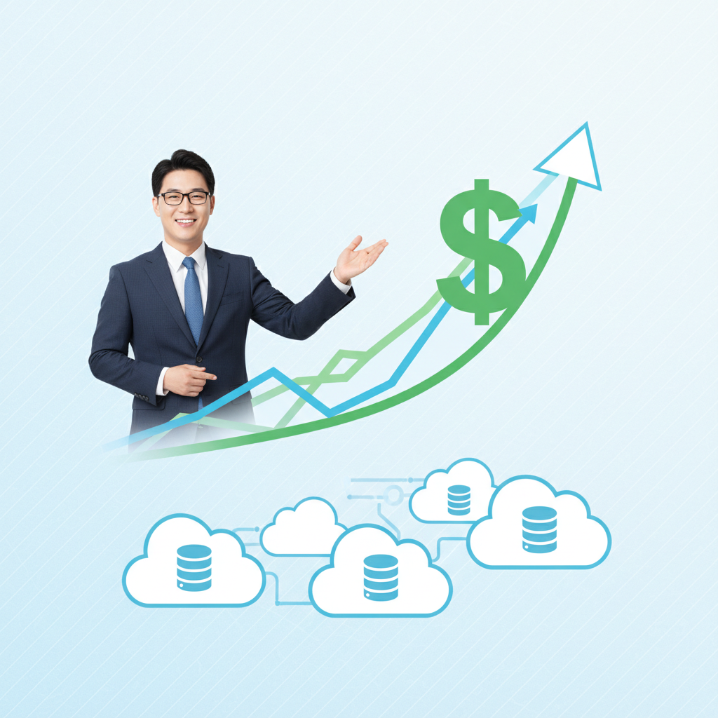 A clean infographic showing a smiling Korean business person next to a positive financial graph indicating cost savings. The background shows subtle cloud database icons. Modern layout, high contrast, bright balanced lighting, textured background, no visible text.