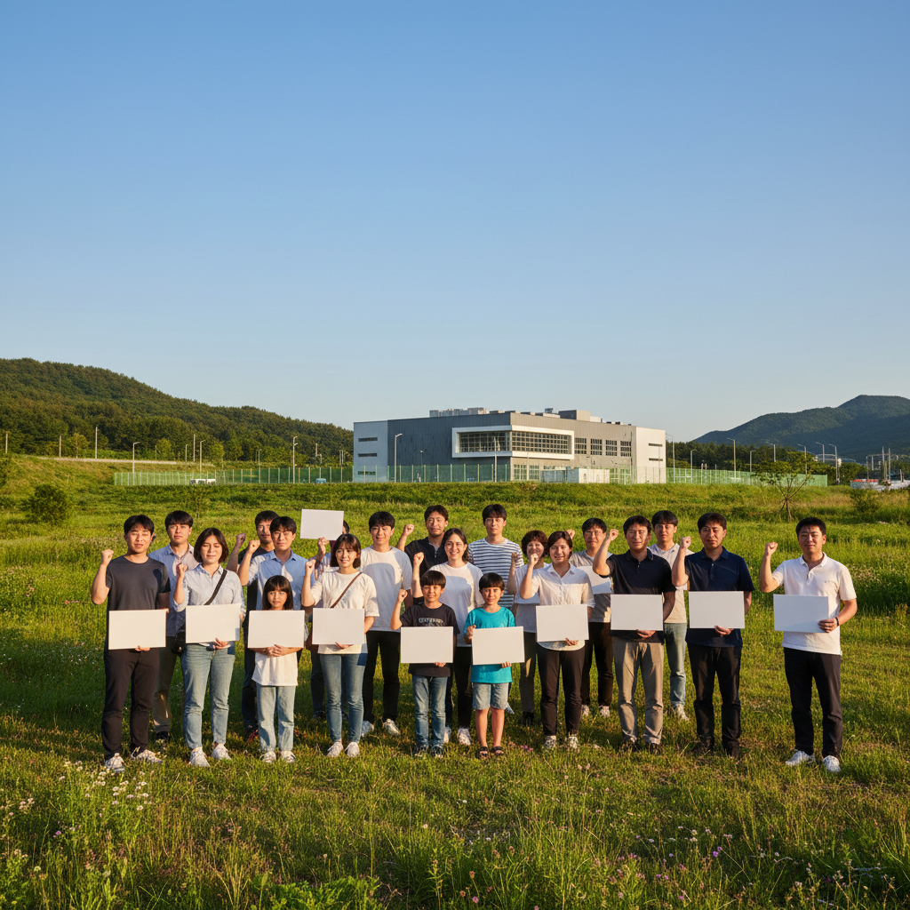 A diverse group of people protesting against a data center, holding signs, a data center facility in the background, clear blue sky, warm lighting, natural setting, Korean appearance, 4:3 aspect ratio, no text