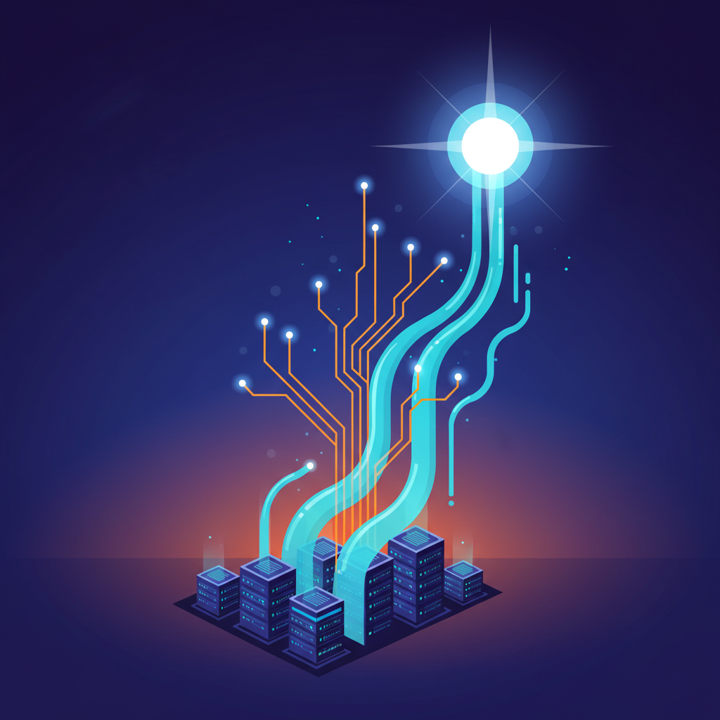 An infographic showing increasing energy consumption of data centers, with abstract power lines and water streams, modern layout, high contrast, colored background, no text