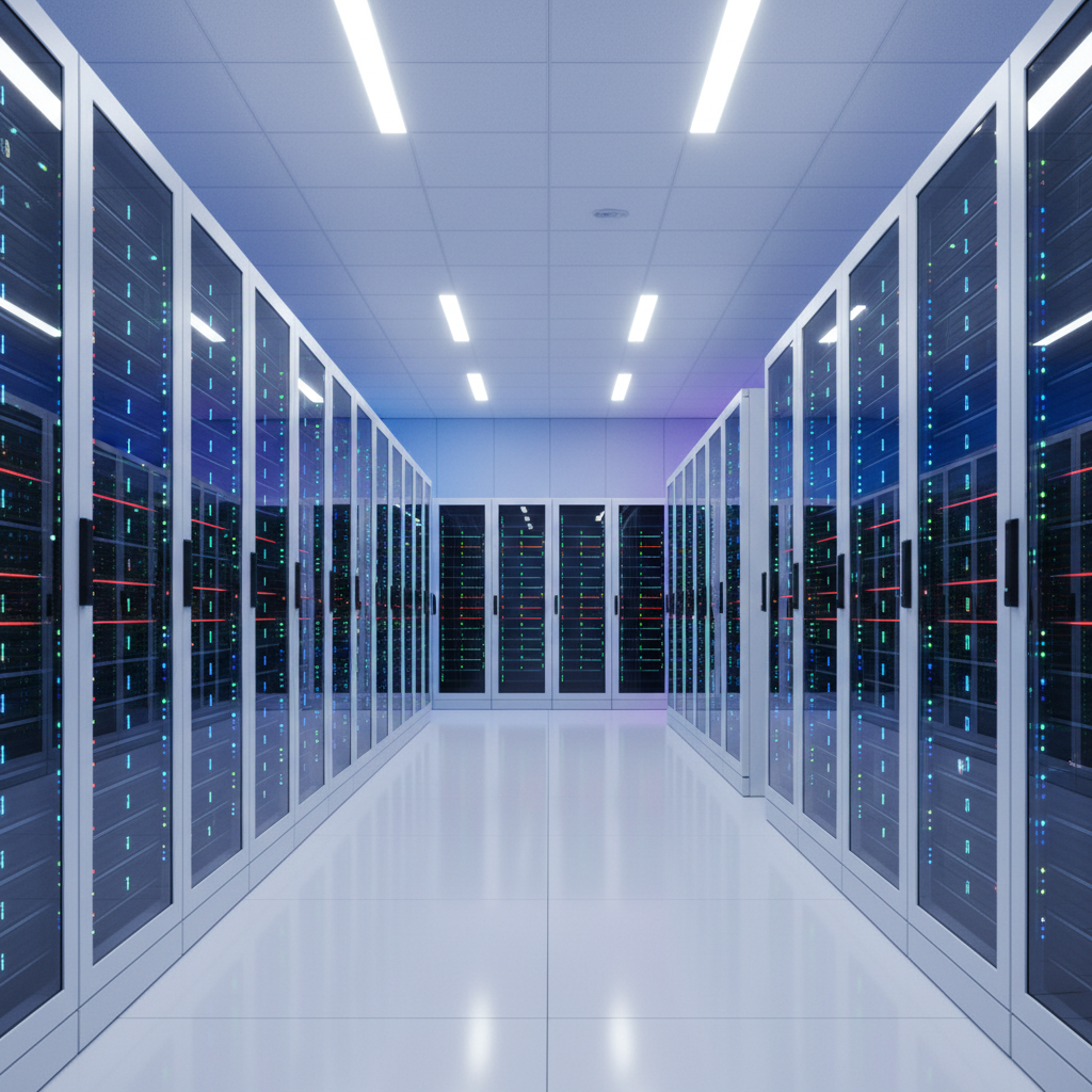 A modern data center, rows of servers with glowing lights, a clean and high-tech environment, bright balanced lighting, colored background, no text, 4:3 aspect ratio