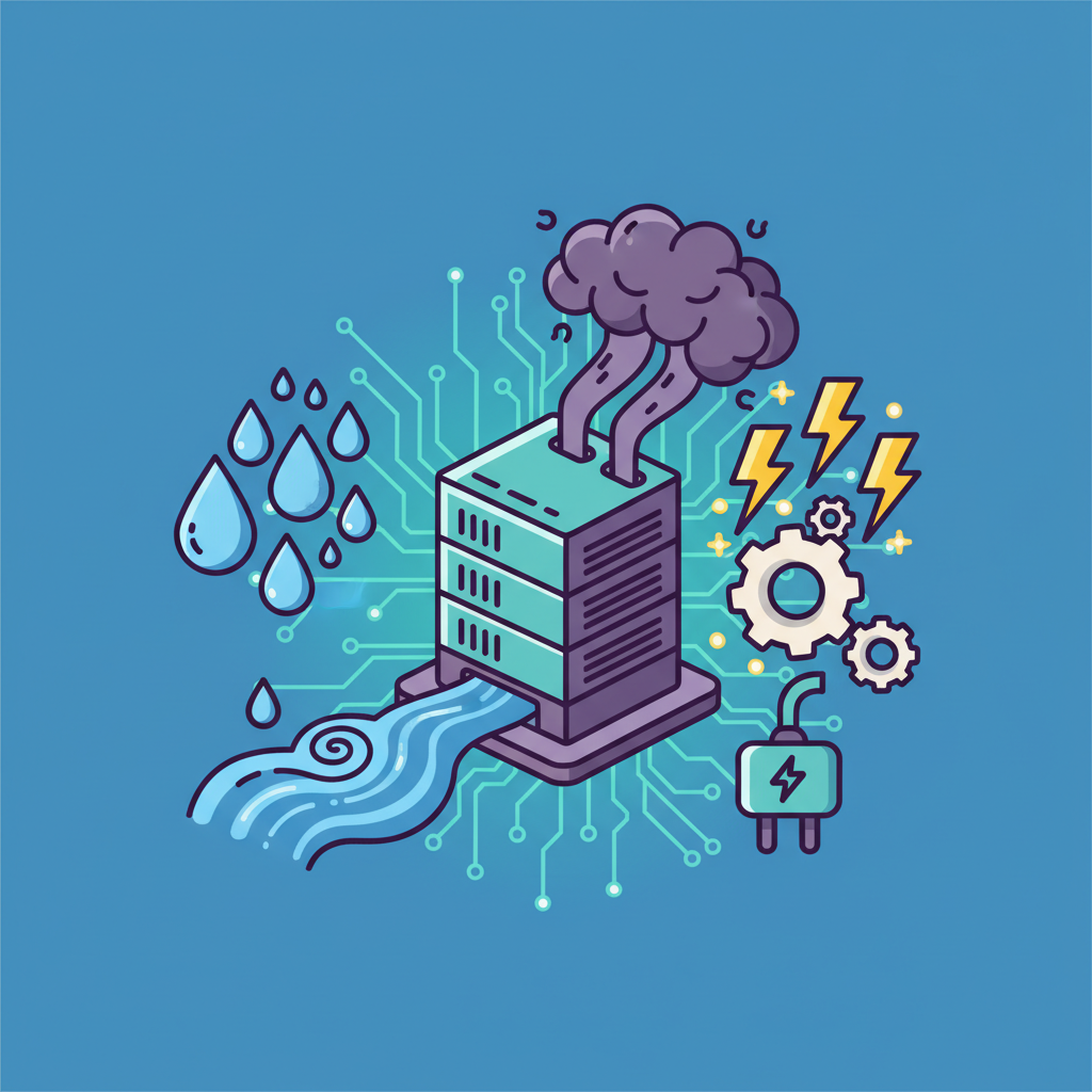 A stylized infographic showing the environmental impact of a data center, with symbols for water droplets, air pollution, and energy consumption, set against a vibrant, tech-inspired background, 4:3 aspect ratio, no text