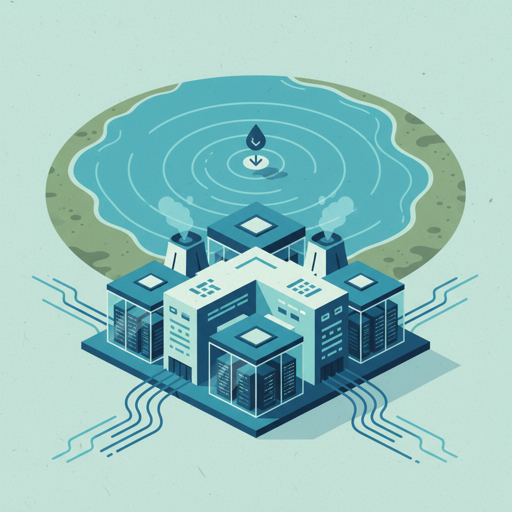 An infographic-style illustration depicting the impact of data centers on water resources. Show a large, modern data center with subtle water streams flowing towards it and a shrinking water reserve in the background. Use clean lines, a modern layout, and a blue-green color palette to emphasize environmental concerns. No text, bright lighting, textured background.