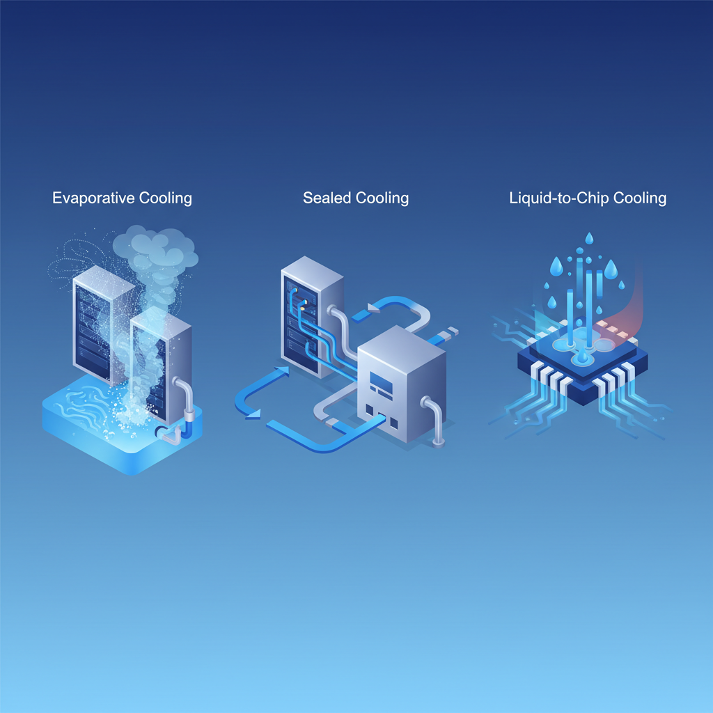 A stylized infographic illustrating different cooling technologies in data centers. Show conceptual representations of evaporative cooling (water vapor escaping), sealed cooling (closed loops with water), and liquid-to-chip cooling (direct liquid application on a chip). Use a blue and silver color scheme, emphasizing fluid dynamics and heat exchange. No text, modern and clean style, gradient background.
