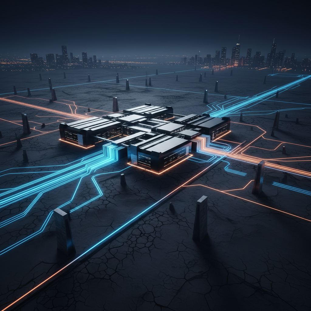 An overhead shot of a vast, modern data center building, depicted with glowing energy lines emanating from within and spreading across a dark, power-hungry landscape. The background shows hints of distant cities reliant on this power. Style: clean infographic, modern layout, high contrast. No text.