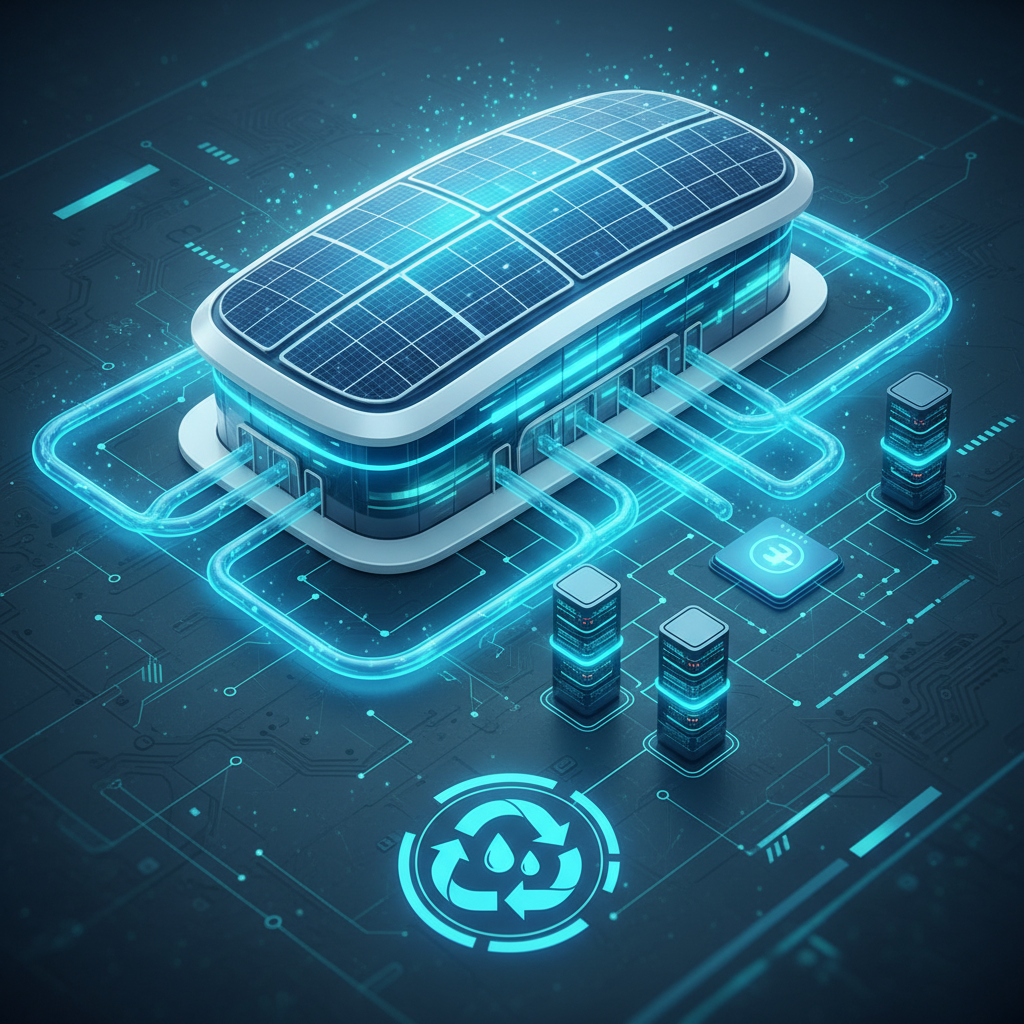 A high-tech, futuristic infographic illustrating sustainable data center practices. Feature elements like closed-loop cooling systems, solar panels on the roof of a data center, and water recycling symbols integrated into the design. The overall aesthetic should be clean, modern, and symbolize innovation. Use a vibrant, optimistic color palette with blues and greens. No text, bright and balanced lighting, textured background.