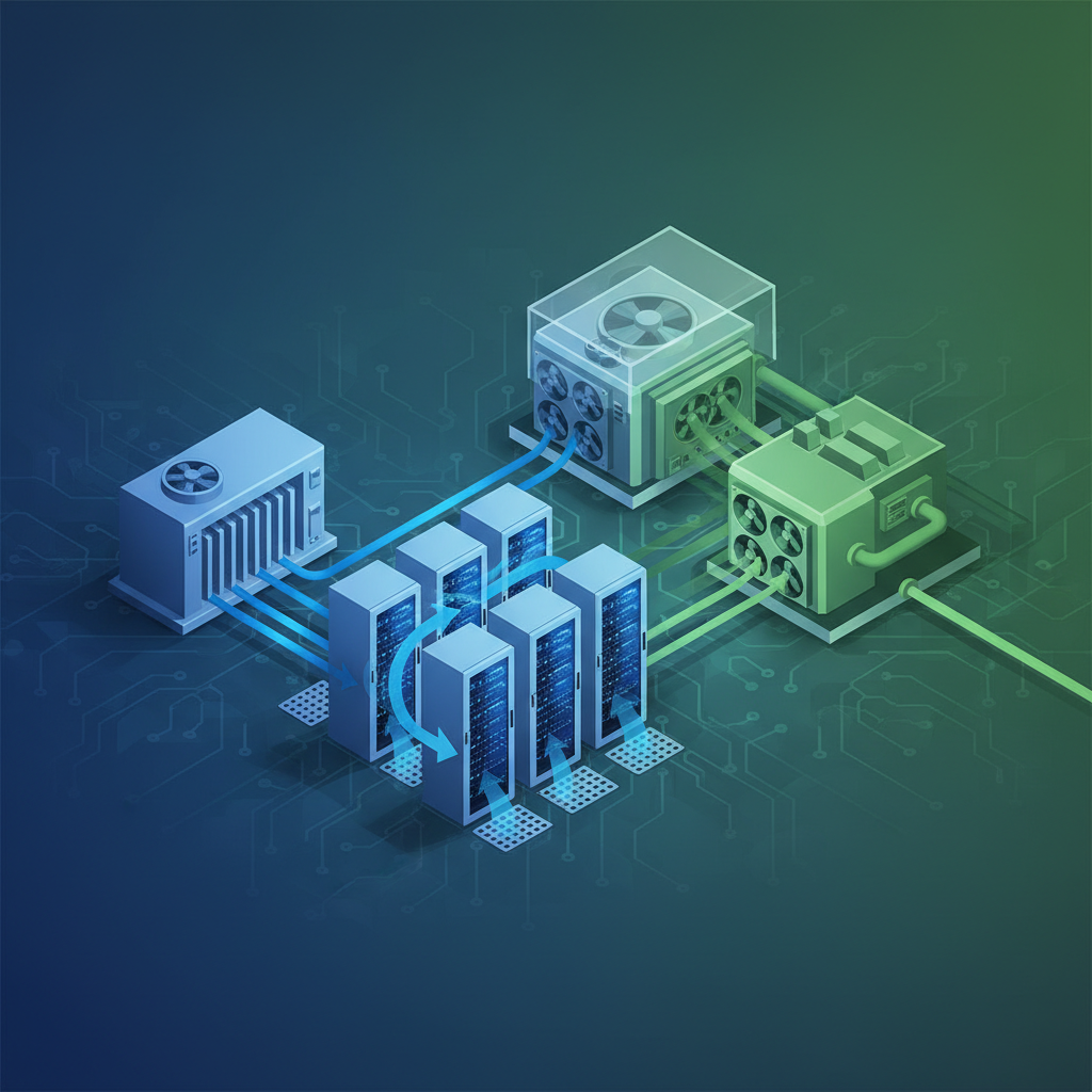 A detailed modern layout clean infographic of a data center's cooling system and servers, highlighting efficiency and technology, blue and green color scheme, textured background, no visible text