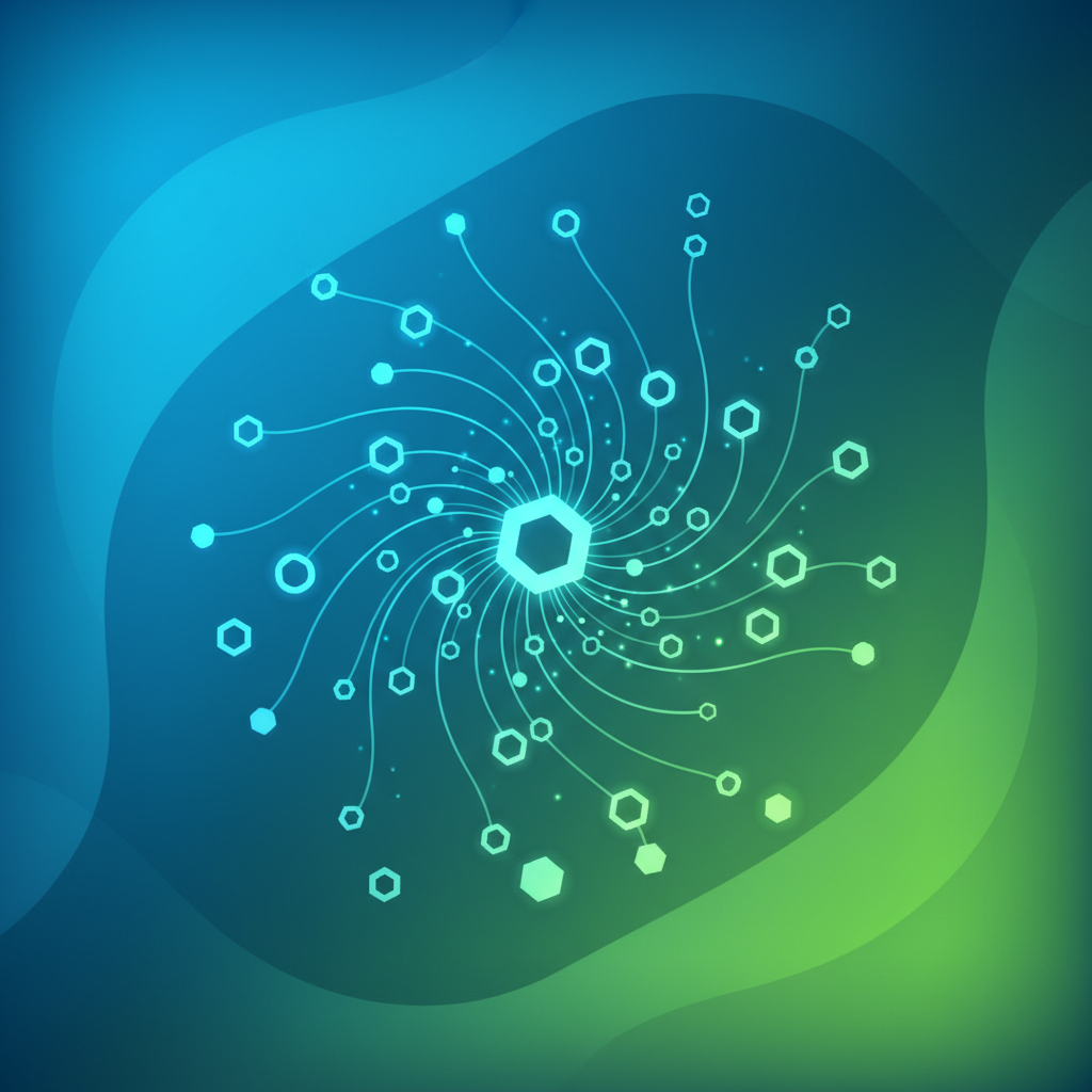 An abstract, clean infographic image representing data mining and AI models, with interconnected nodes and glowing lines, modern layout, high contrast, vibrant blue and green gradient background, no text, 1:1 aspect ratio