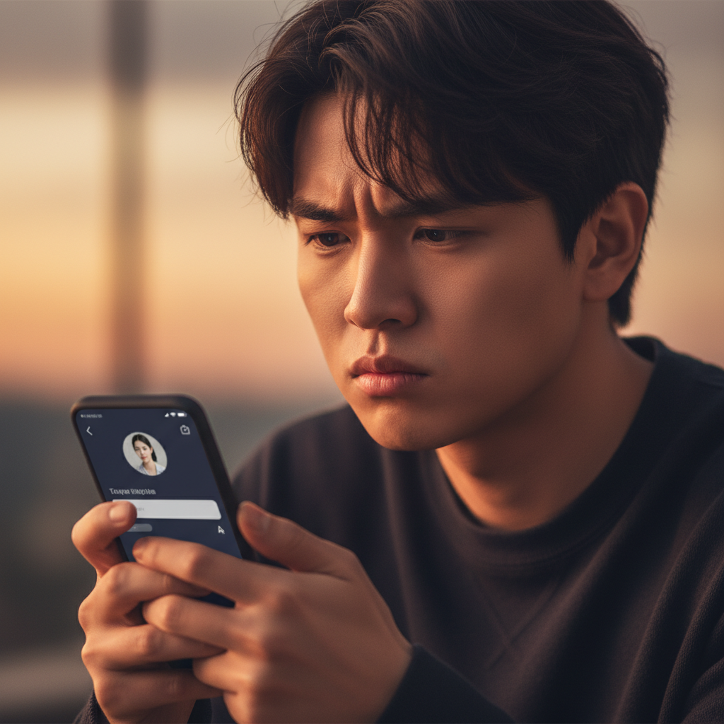 A Korean person looking frustrated while staring at their phone, trying to come up with a message on a dating app, feeling the pressure of initiating a conversation, warm lighting, colored background, no text