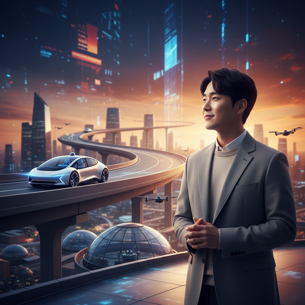 A Korean man with a thoughtful expression, looking out at a road with a futuristic autonomous car, imagining the future of driving, detailed composition, vibrant colored background, no text