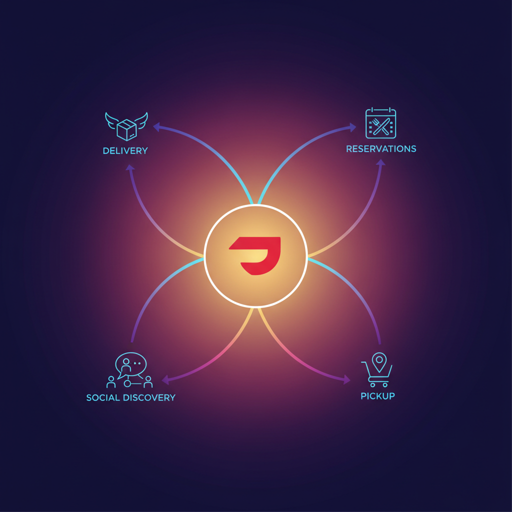 DoorDash logo at the center with expanding lines leading to icons representing various restaurant services like delivery, reservations, and social discovery, modern infographic style, high contrast, gradient background, no text, 4:3