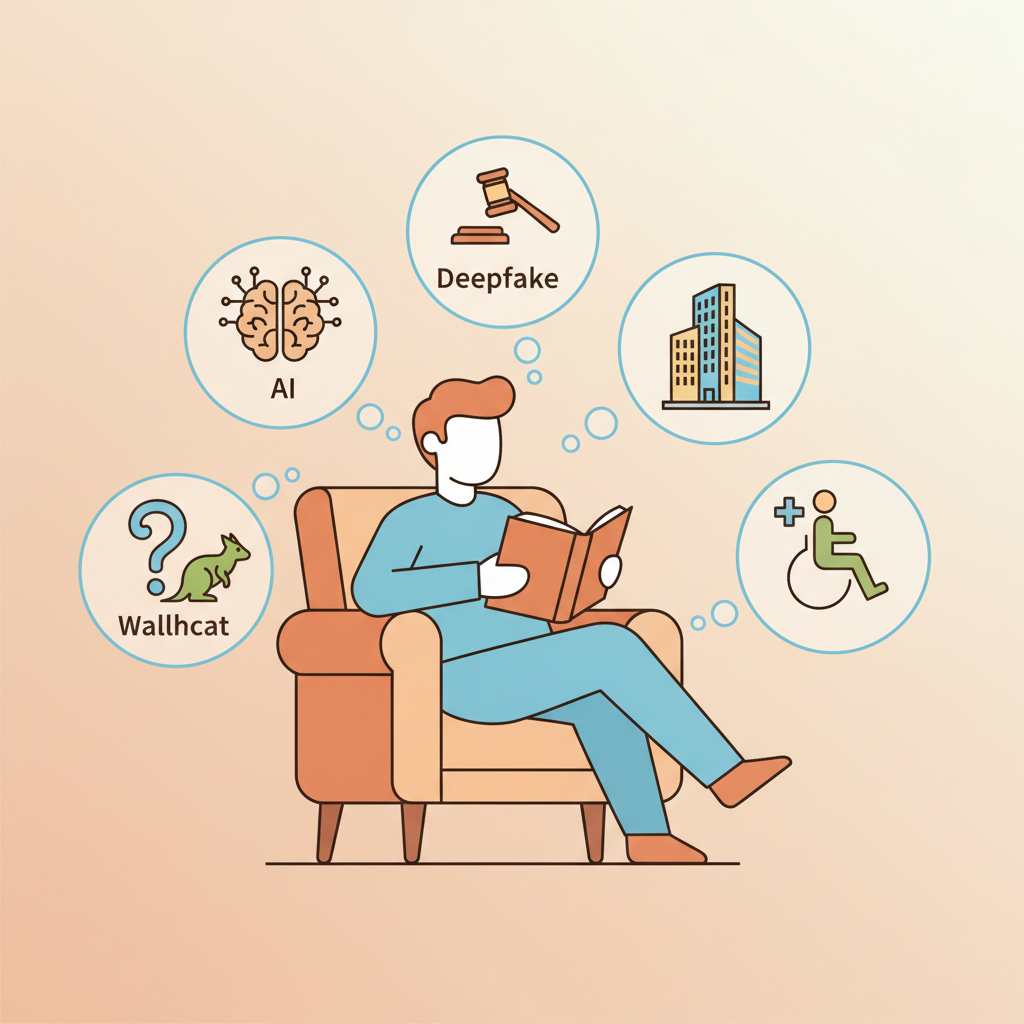 A clean infographic style collage featuring a person comfortably reading a book in a cozy setting, surrounded by thought bubbles containing small, abstract representations of the various article topics: a stylized brain for AI, a legal gavel for deepfake, a skyscraper for architecture, a question mark for wallaby, and a person in a wheelchair for healthcare. The background is a soft, warm gradient. Bright, balanced lighting, minimal empty space. No visible text, no Korean characters.