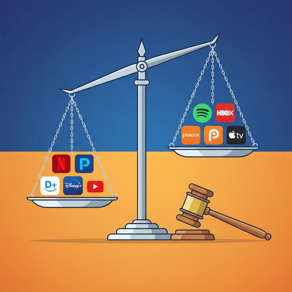 A balanced set of scales with icons representing streaming services on each side, a judge's gavel nearby, clean infographic style, high contrast, gradient background, no text